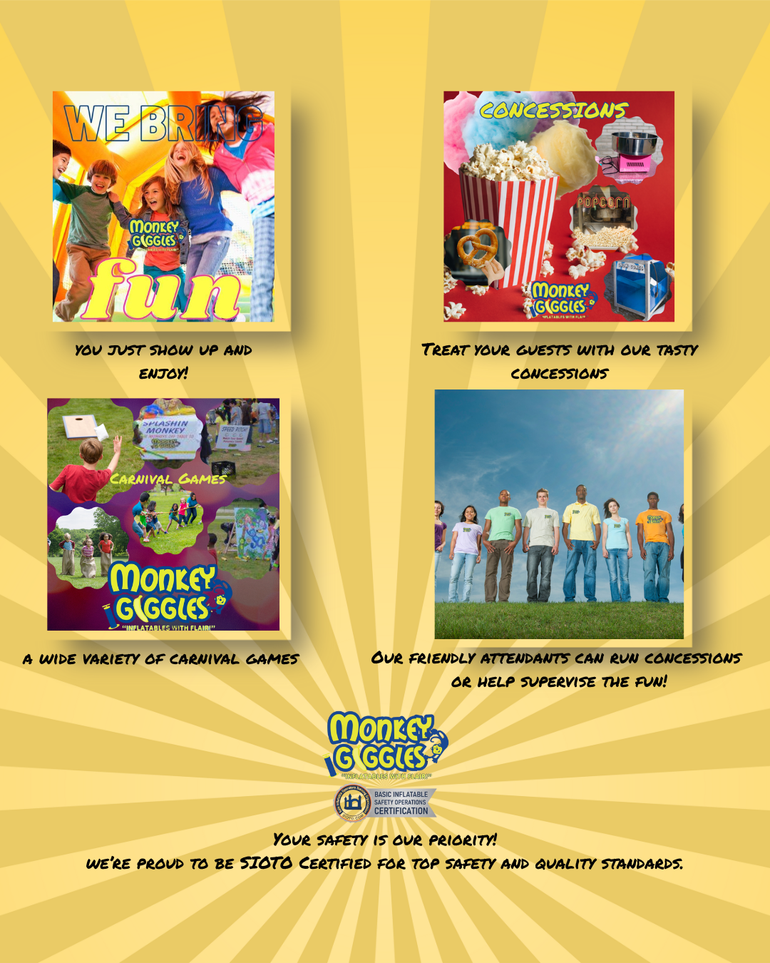 Monkey Giggles promotional poster showing kids playing, carnival games, popcorn and cotton candy concessions, and attendants at an outdoor event. Text highlights: "We bring fun," "You just show up and enjoy," "Treat your guests with our tasty concessions," "A wide variety of carnival games," and "Our friendly attendants can run concessions or help supervise the fun." Bottom section features the Monkey Giggles logo and SIOTO certification badge with the message: "Your safety is our priority!"
